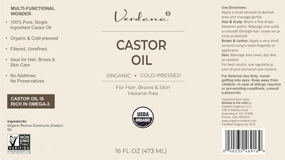 Organic Castor Oil – 16 Fl Oz Size – Cold Pressed, Unrefined, Hexane Free - for Face, Hair, Pack Wrap